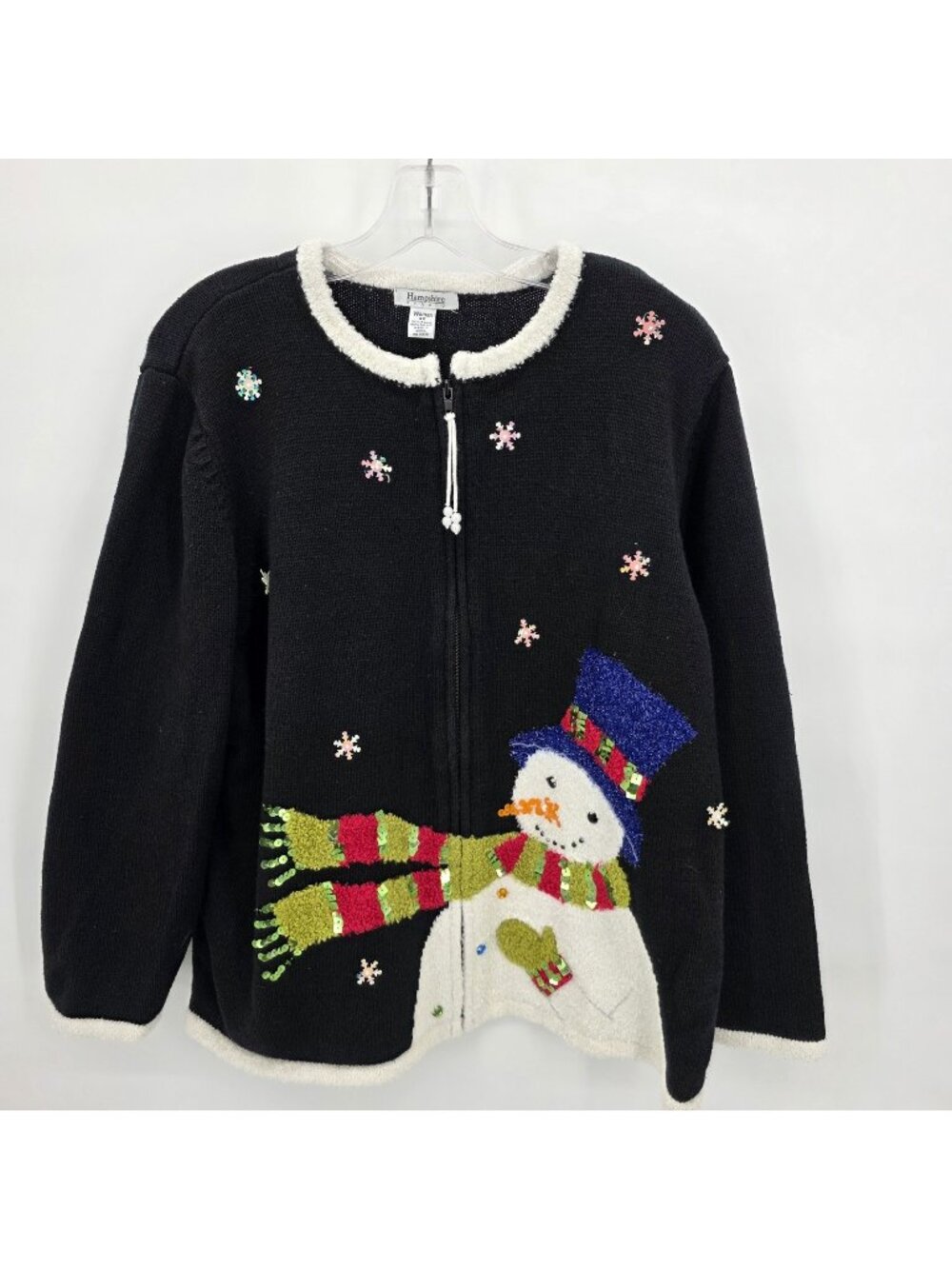 Vintage Hampshire Studio Cardigan Sweater Womens 3X Black Zip Snowman Christmas